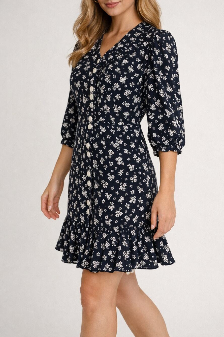 Vintage Drop Waist 90s Black Floral Ruffle Dress Small